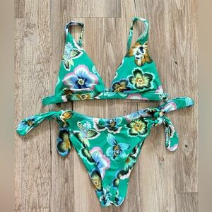 Aerie green floral triangle tie bikini set medium
